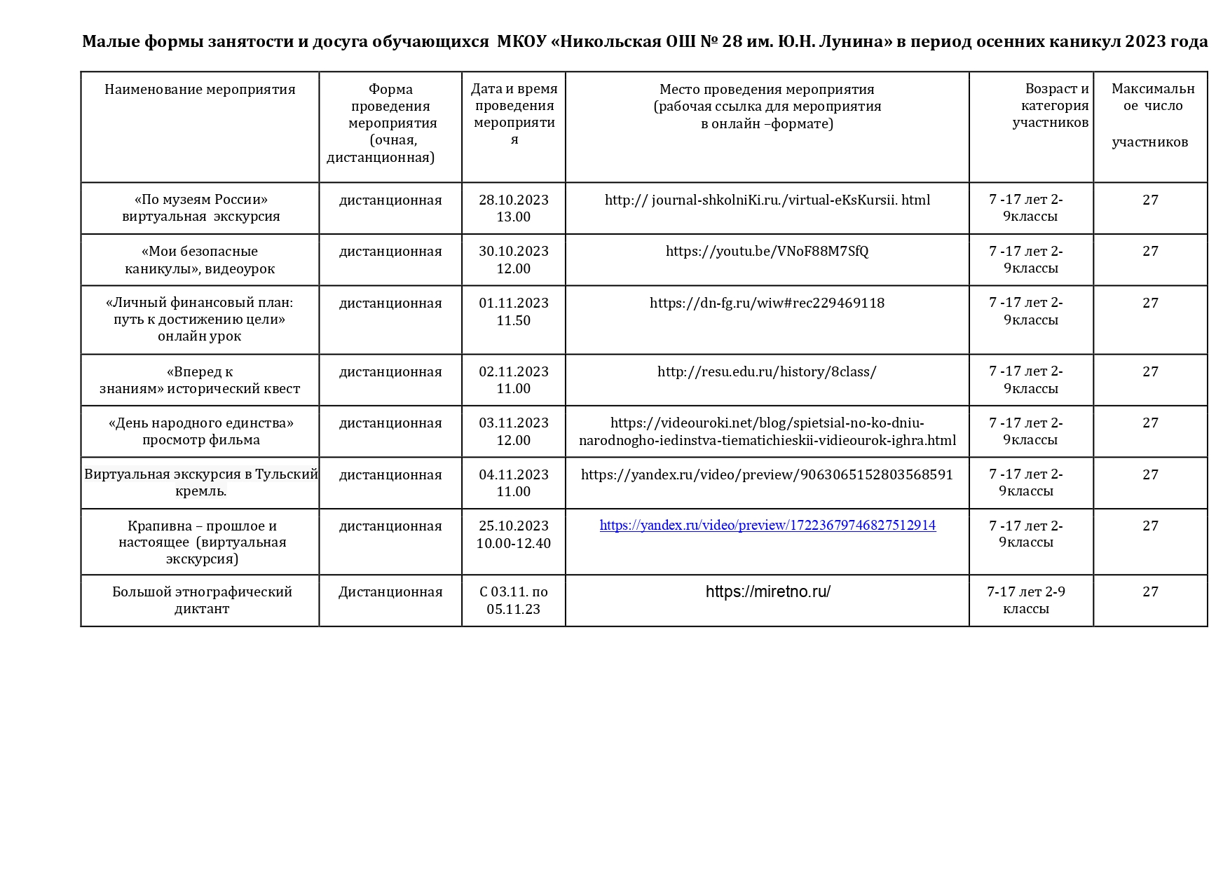 Малые формы занятости и досуга ОСЕНЬ 2023.